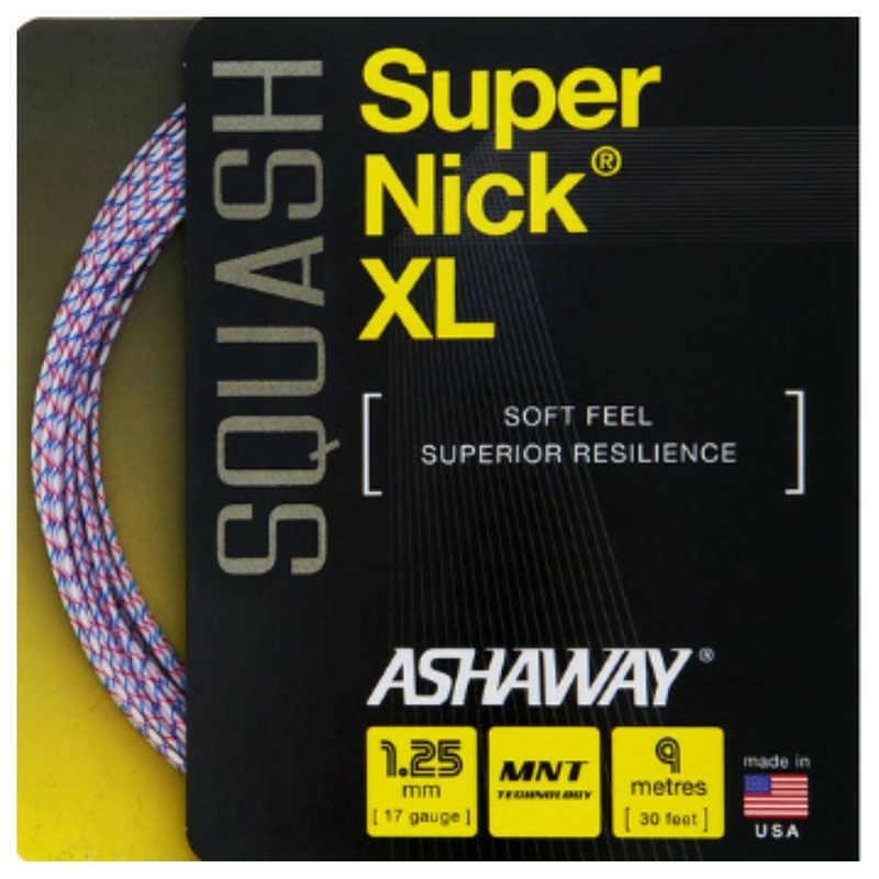 Ashaway SuperNick XL 17 Squash String (White/Red/Blue)